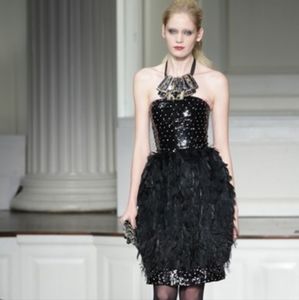 ◇♡$6,000 OSCAR LA RENTA BLK OSTRIC FEATHER CRYSTAL BEADS RUNW DRESS 8
